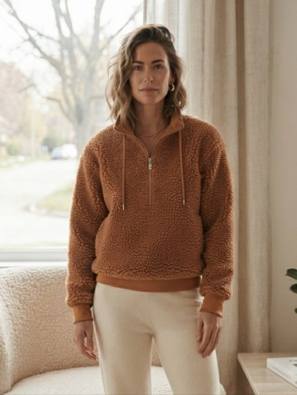 Maison Cinqcept S Sherpa Teddy Quarter Zip Sweater Loungewear Normcore Cabincore